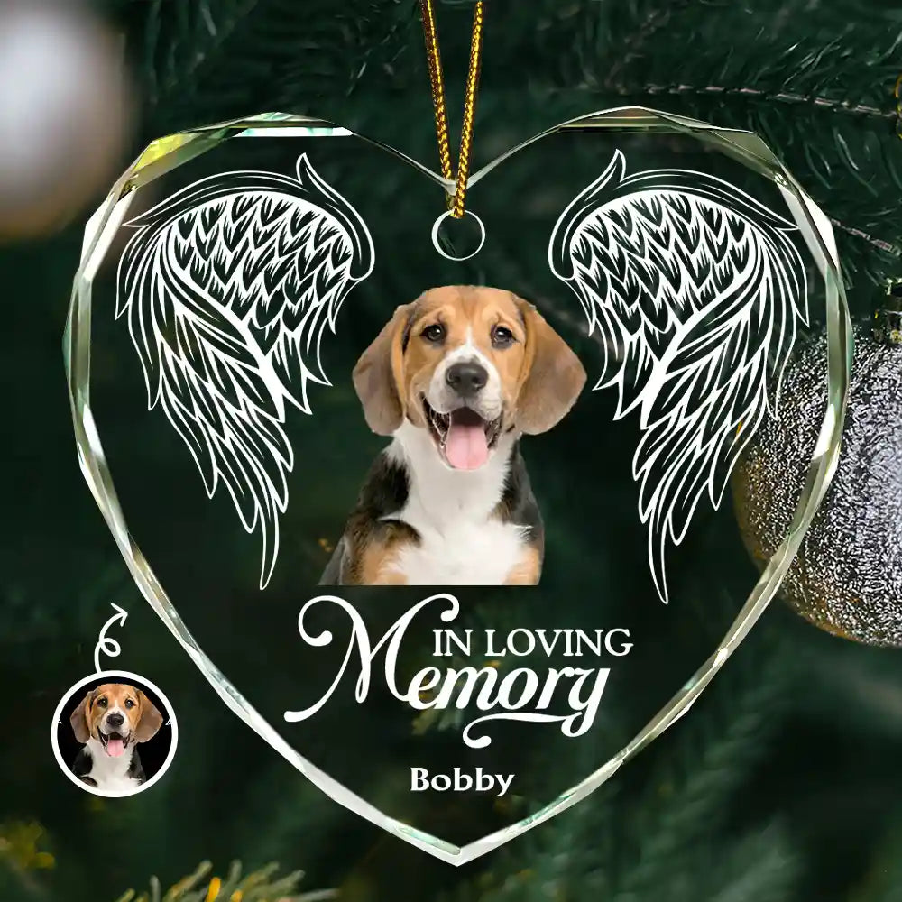 Custom Photo In Loving Memory Angel Wings Pet - Personalized Heart Shaped Glass Ornament