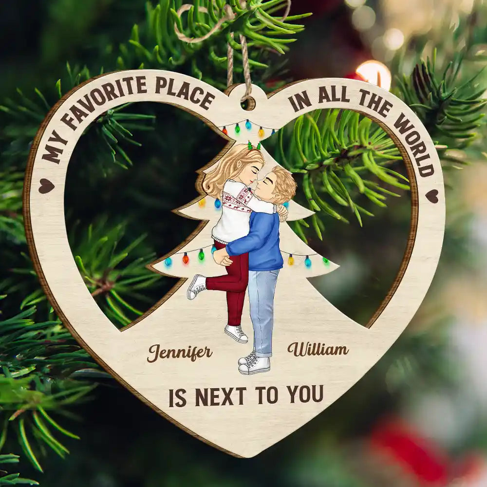 Christmas Couple Kissing My Favorite Place In All The World - Personalized Wooden Cutout Ornament