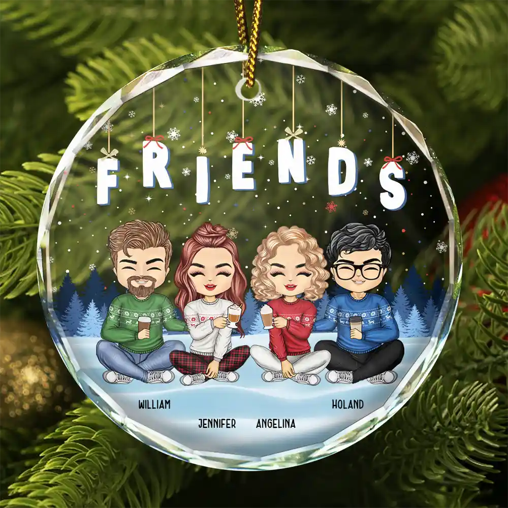 Friends Besties Sisters Brothers Sitting Together Chibi - Personalized Circle Glass Ornament