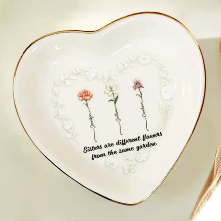 Birth Flower Sisters Are Different Flowers - Personalized Heart Ring Dish