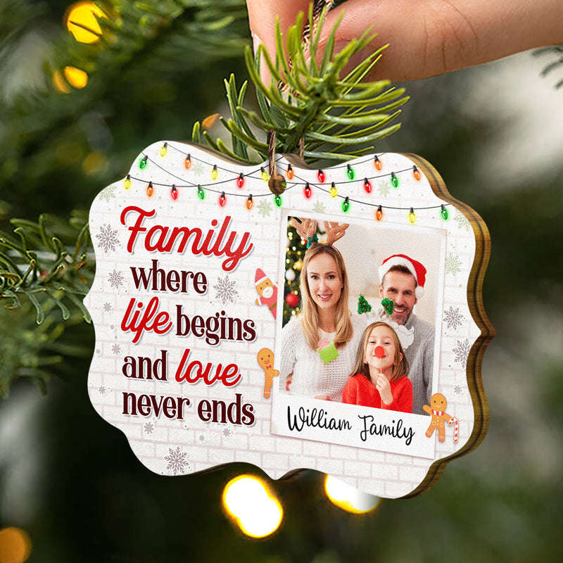 Custom Photo Family Where Life Begins And Love Never Ends - Christmas Gift For Family - Personalized Custom Wooden Ornament