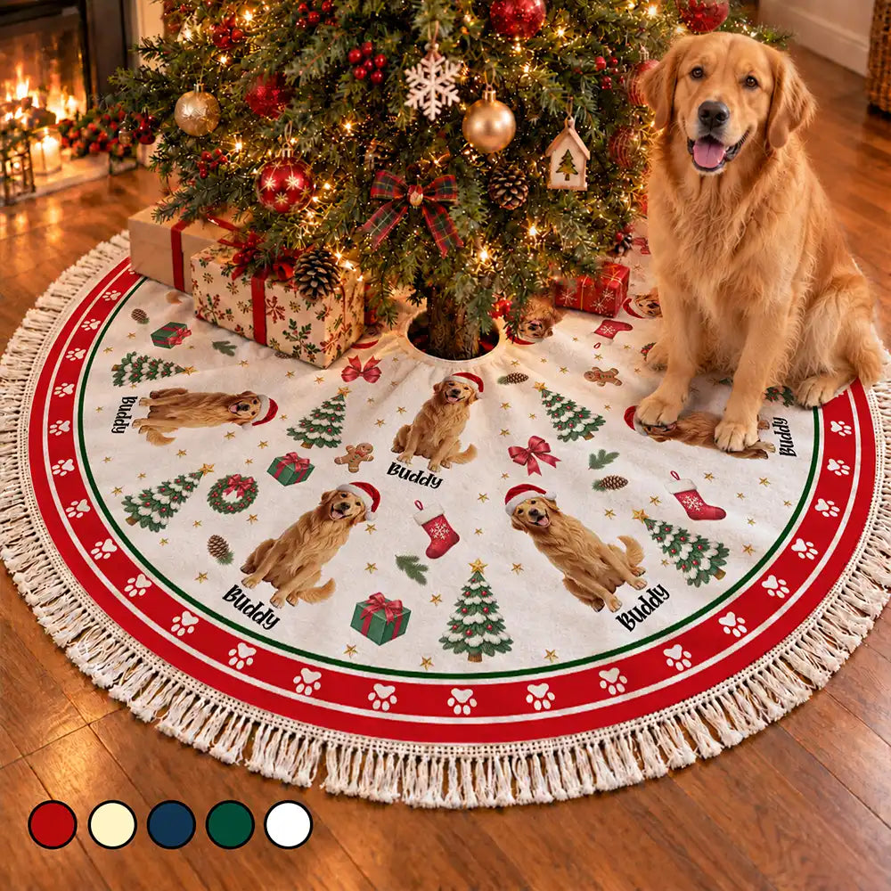 Christmas Decor Gift For Pet Lovers - Personalized Custom Photo Pet Name Festive Pattern Tree Skirt