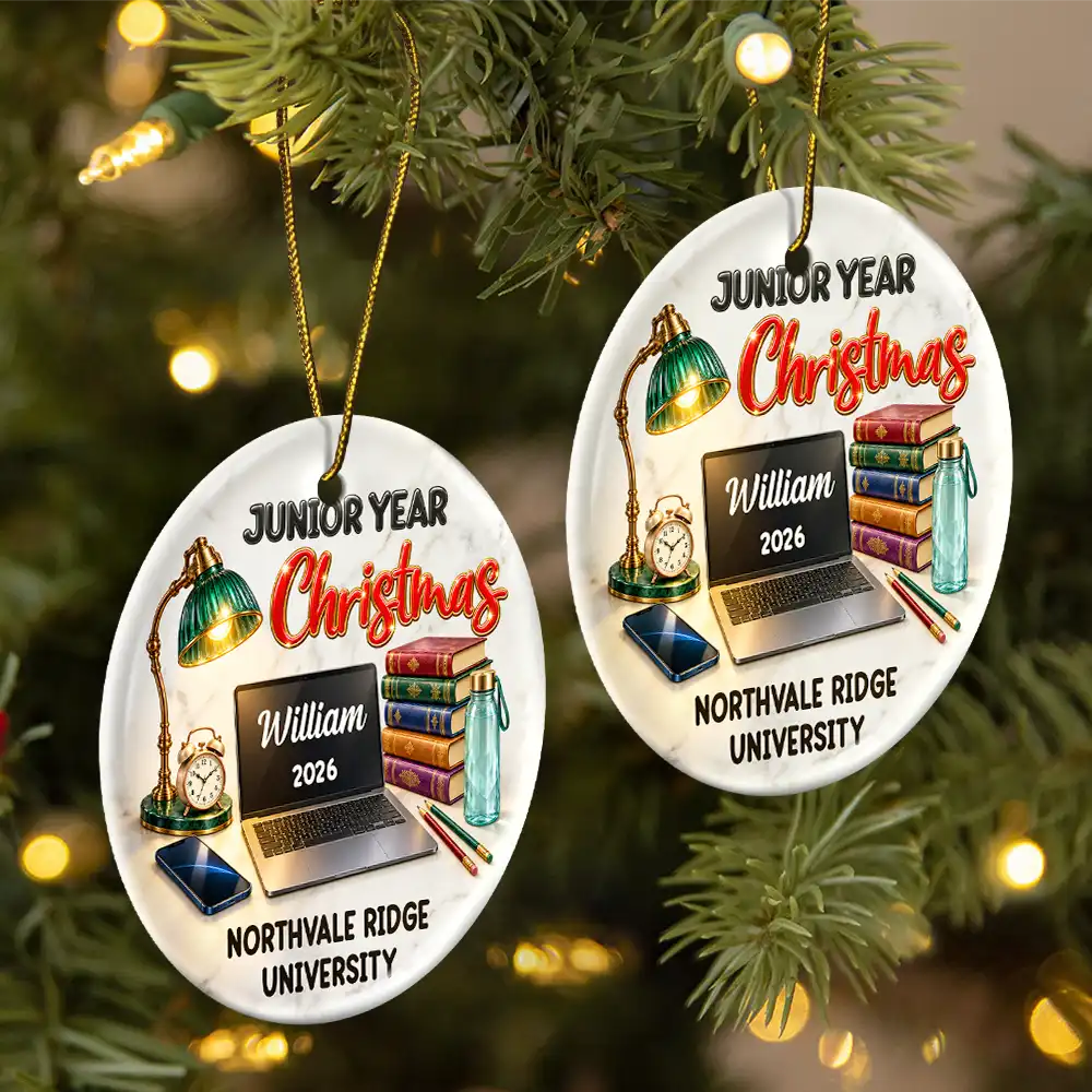 Christmas,Custom Text,Happy,Top Market - Christmas Keepsake Gift For College Student - Personalized Freshman Sophomore Year Circle Ceramic Ornament
