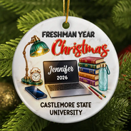 Christmas,Custom Text,Happy,Top Market - Christmas Keepsake Gift For College Student - Personalized Freshman Sophomore Year Circle Ceramic Ornament
