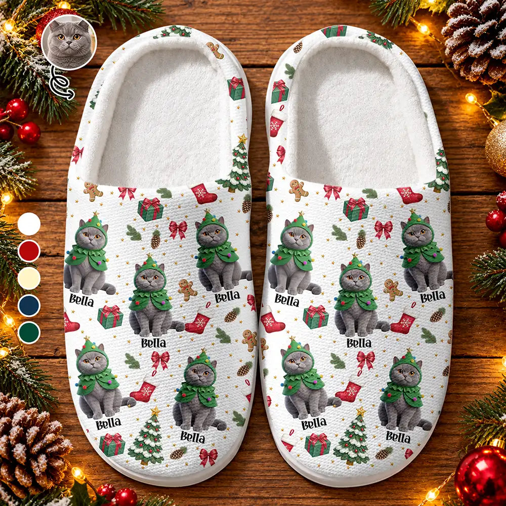 Art Design,Christmas,Custom Photo,Gift For Mother,Gifts For Her,Happy,Pet Lovers,Pet Mom,Photo - Christmas Accessories 3D Cartoon Pet - Christmas Gift For Pet Mom - Personalized Custom Photo Pet Name Festive Pattern Fluffy Slippers