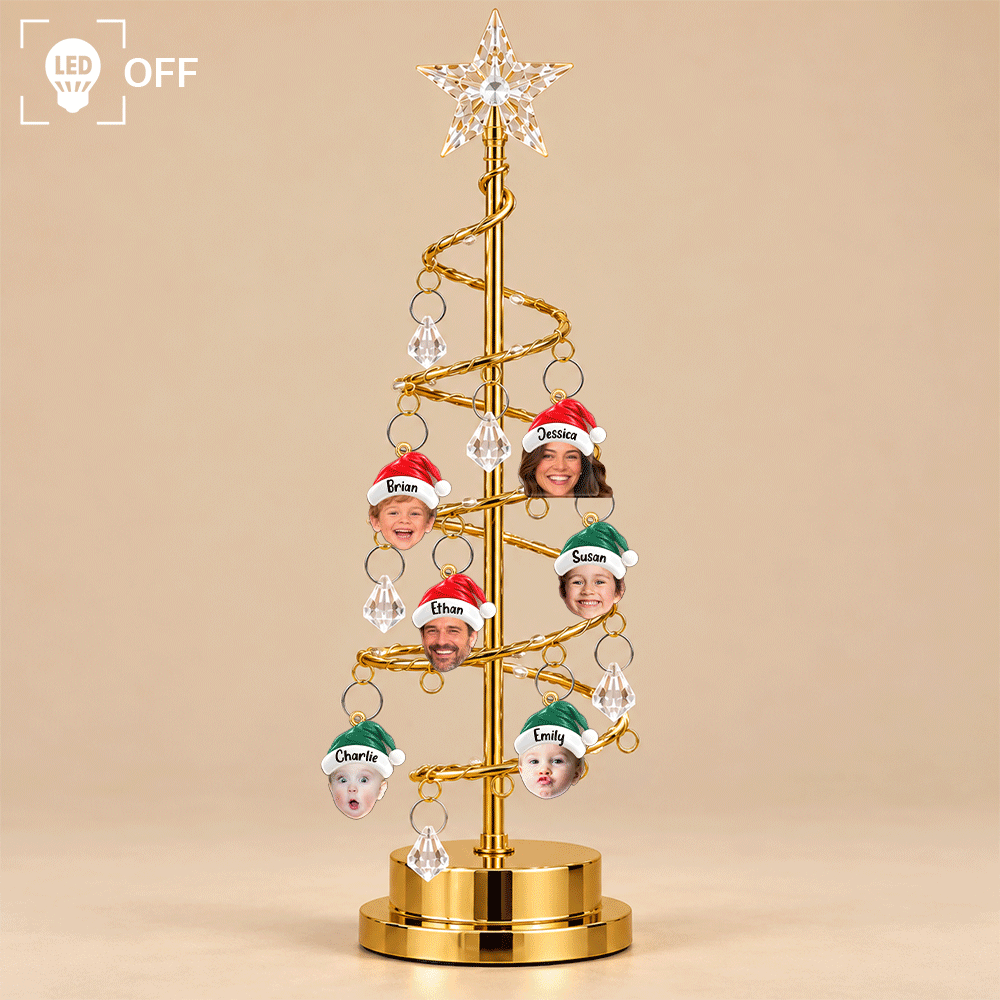 Christmas,Custom Photo,Cut-Face Photo,Family,Happy - Family Together Santa Hat Custom Name - Personalized Custom Photo Christmas LED Tree Lights