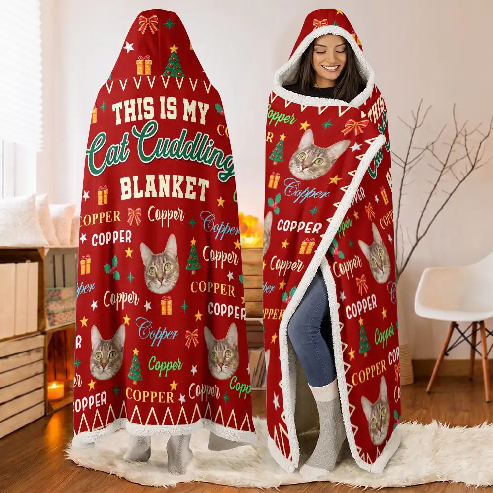 Christmas,Custom Photo,Cut-Face Photo,Pet Lovers,Playful - Christmas Cozy Gift For Dog Cat Pet Lovers - Personalized Custom Photo Pet With Name Wearable Hooded Blanket