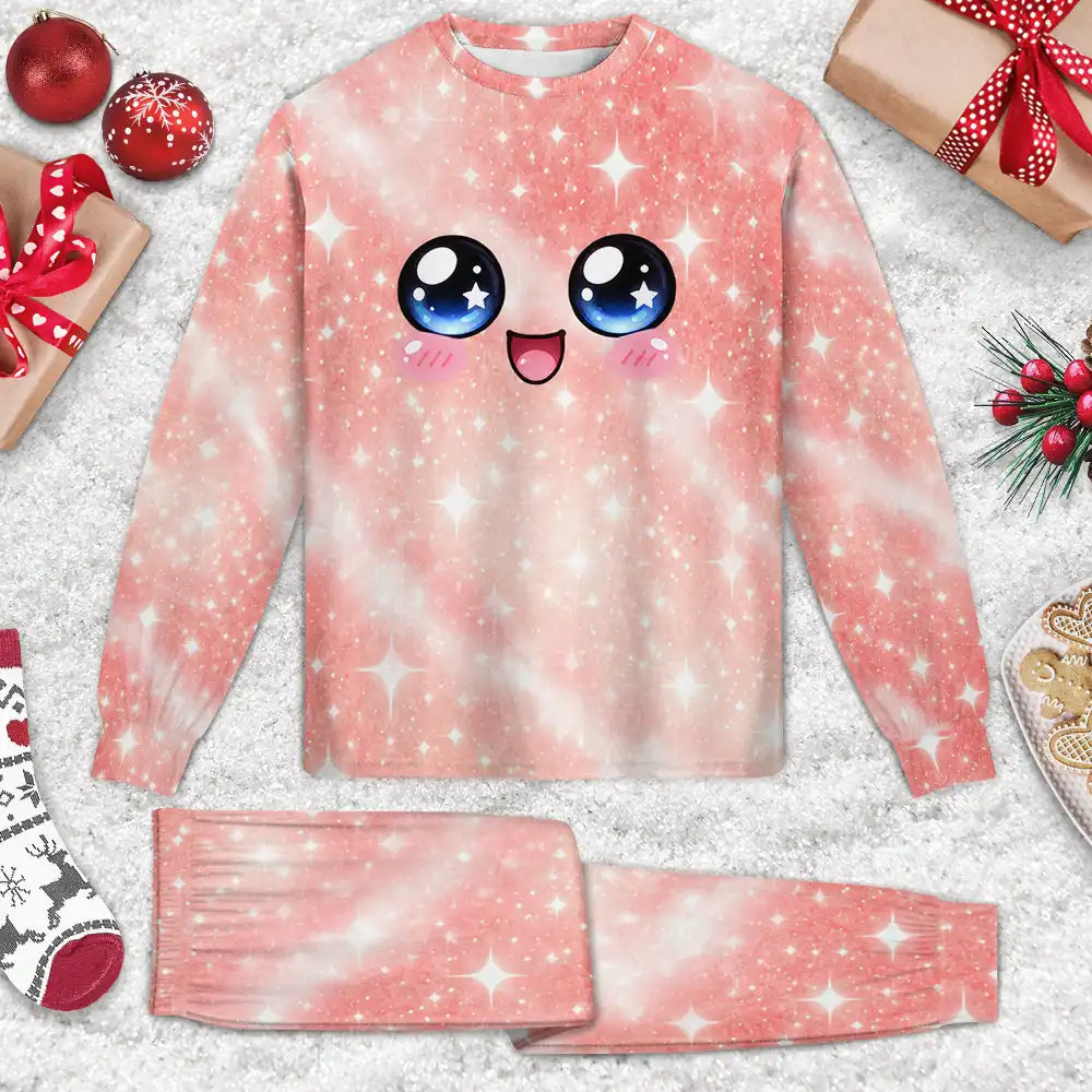 Adorable,Christmas,Custom Text,Gift For Children,Gift For Daughter,Gifts For Her,Top Market - Gift For Daughter Granddaughter Sisters - Personalized Name Cute Dumpling Kawaii Face Sparkle Pastel Kid Pajamas Set