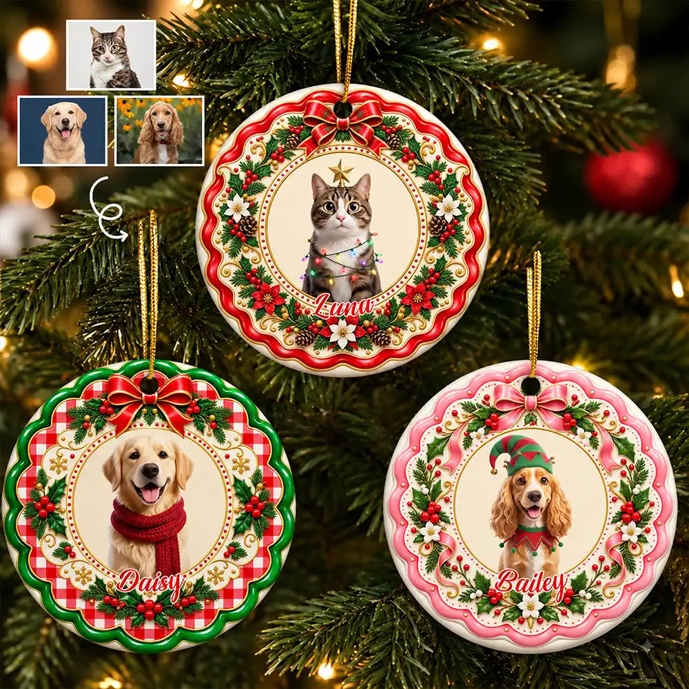 Christmas Gift For Pet Lovers - Personalized Custom Photo Pet Portrait Circle Ceramic Ornament