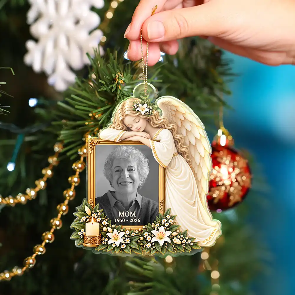 Christmas,Custom Photo,Family,Memorial,Memorial Loved One,Sympathetic,Upload Full Photo - Remembrance Christmas Gift For Family - Personalized Custom Photo Peaceful Rest In Angel Wings Acrylic Ornament