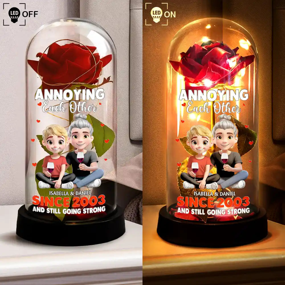 Gift For Couples,Gift For Husband,Gift For Wife,Gift For Boyfriend,Gift For Girlfriend - 3D Effect Couple Annoying Each Other - Personalized Everlasting Rose Dome Lamp