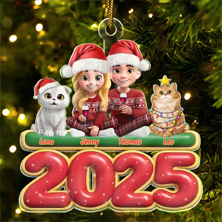 3D Effect Couple Sitting With Cats - Personalized Custom Shaped Acrylic Ornament