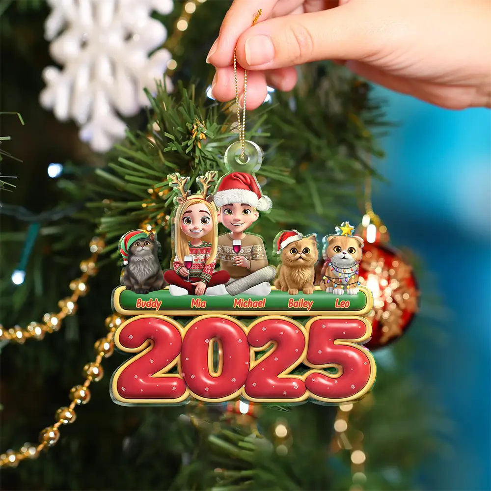 Cat Lovers,Cat Couple,Pet Lovers,Pet Couple,Christmas,Happy - 3D Effect Couple Sitting With Cats - Personalized Custom Shaped Acrylic Ornament