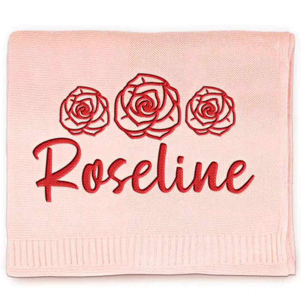 Birth Flower Line Art Custom Name - Personalized Embroidered Knitted Baby Blanket