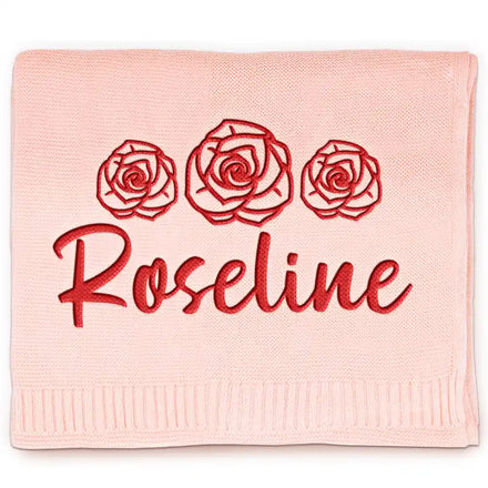 Birth Flower Line Art Custom Name - Personalized Embroidered Knitted Baby Blanket