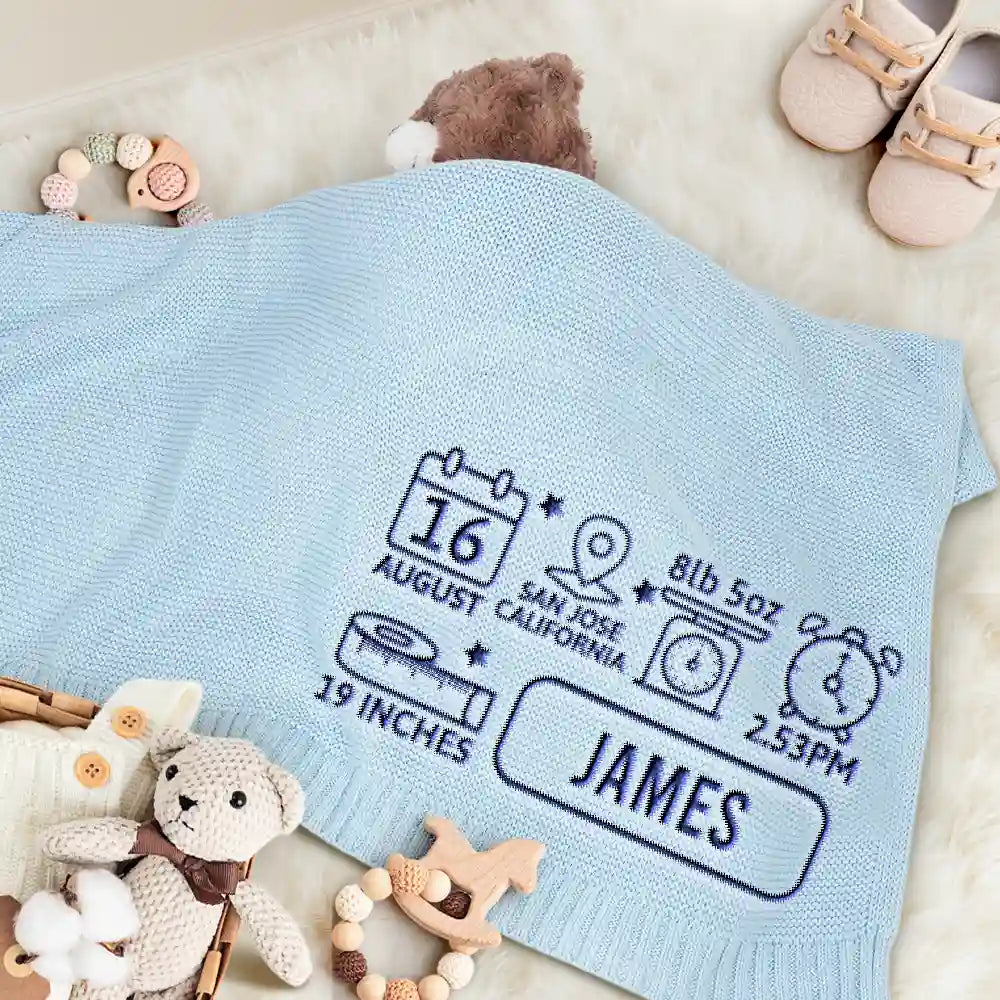 New baby,New Dad,New Mom,Happy - Newborn Baby First Year New Parents - Personalized Embroidered Knitted Baby Blanket