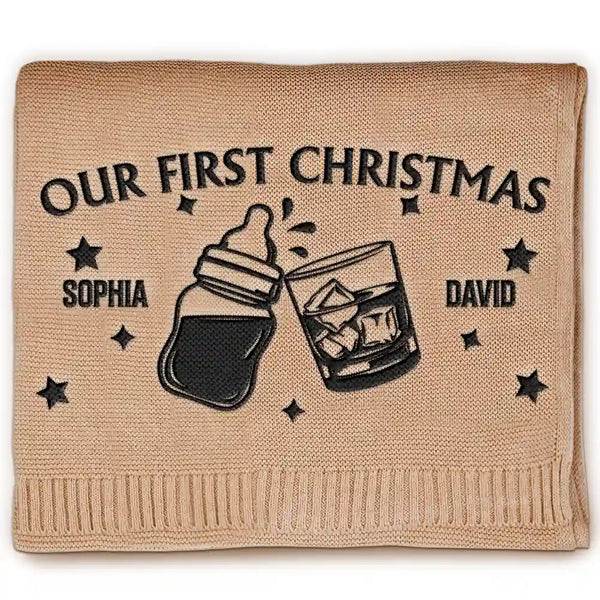 New baby,New Dad,New Mom,Happy - Our First Christmas Together Newborn Baby With Daddy - Personalized Embroidered Knitted Baby Blanket