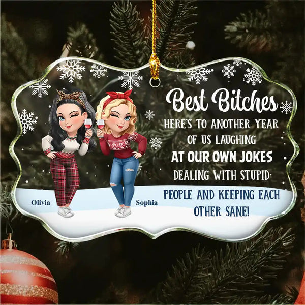 Gift For Bestie,Gift For Sisters,Happy,Christmas - Christmas Best Friends Here's To Another Year Of Us - Personalized Medallion Glass Ornament