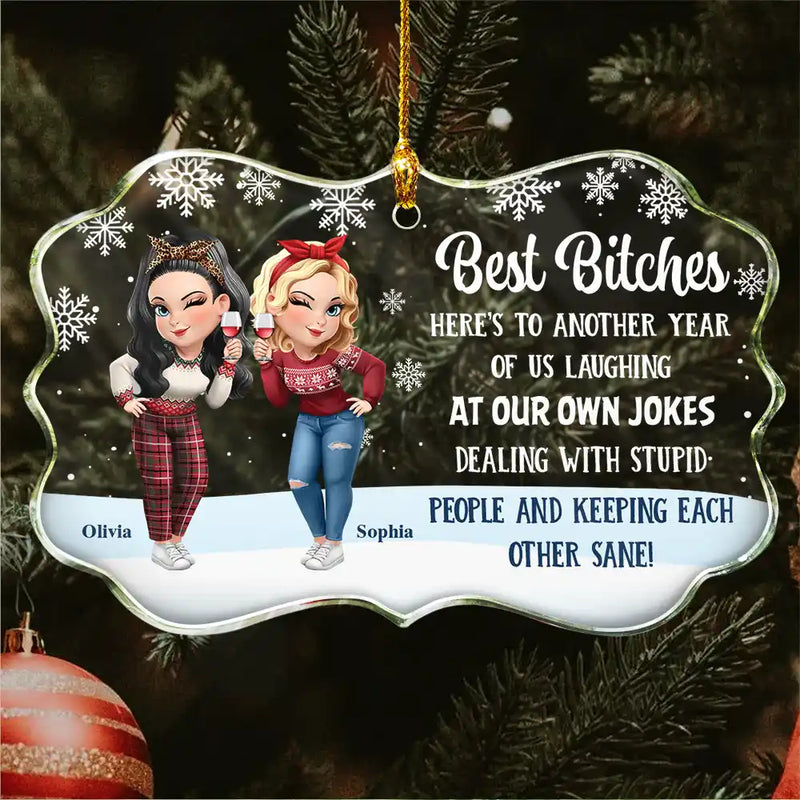 Gift For Bestie,Gift For Sisters,Happy,Christmas - Christmas Best Friends Here's To Another Year Of Us - Personalized Medallion Glass Ornament