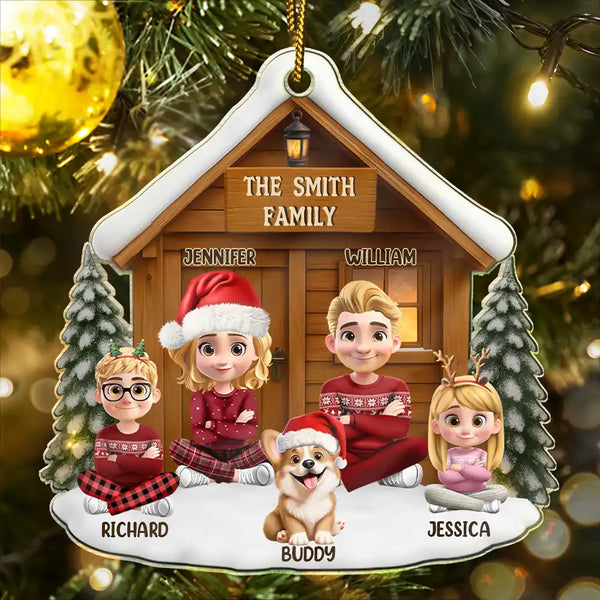 Family,Parents,Love,Gift For Kids,Gift For Grandkids,Pet Lovers,Dog Lovers,Cat Lovers,Christmas,Happy,Non-Eng - Christmas Sitting Family Parents Kids Pets - Personalized Custom Shaped Acrylic Ornament