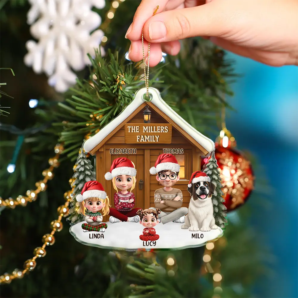 Family,Parents,Love,Gift For Kids,Gift For Grandkids,Pet Lovers,Dog Lovers,Cat Lovers,Christmas,Happy,Non-Eng - Christmas Sitting Family Parents Kids Pets - Personalized Custom Shaped Acrylic Ornament