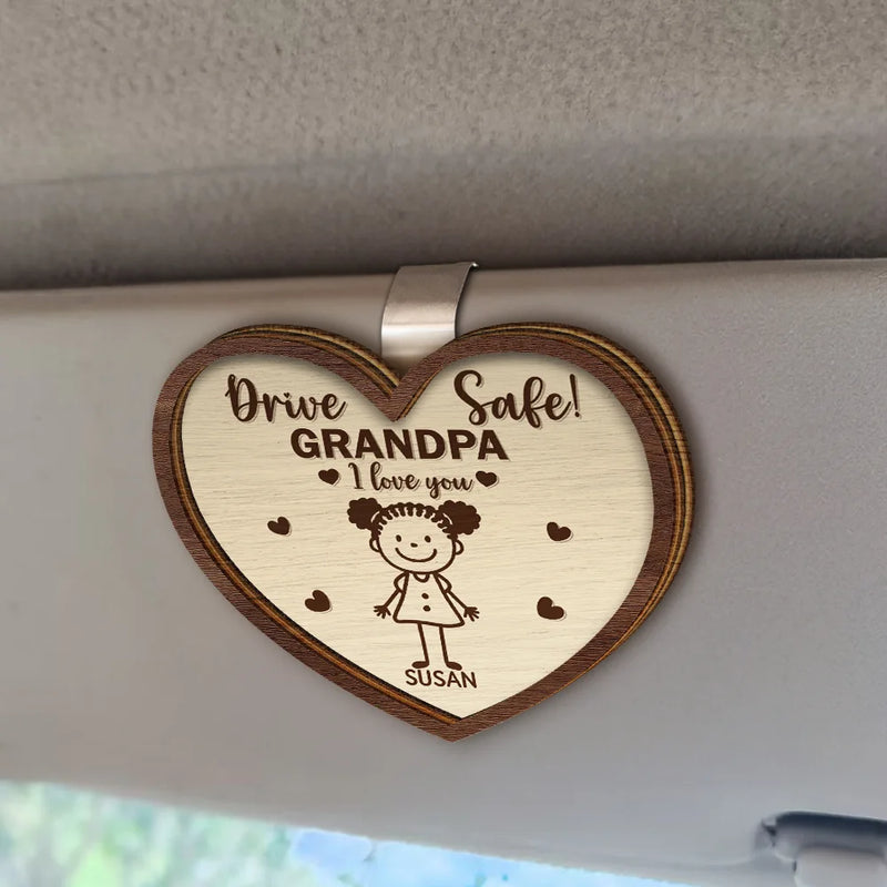 Stick Figure,Gift For Father,Gift For Grandpa,Gift For Mother,Gift For Grandma,Happy - Drive Safe Daddy Kid Stick Figures Heart Shaped - Personalized Custom Shaped Car Visor Clip