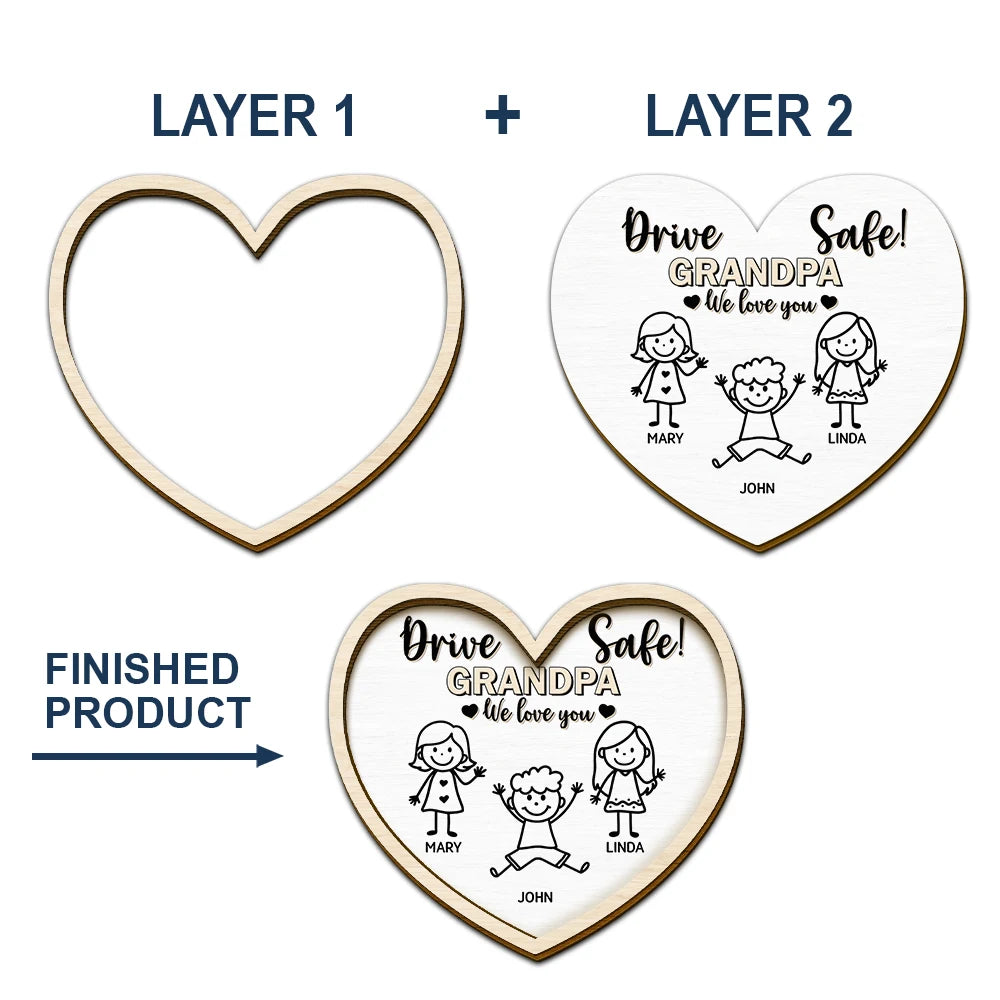 Stick Figure,Gift For Father,Gift For Grandpa,Gift For Mother,Gift For Grandma,Happy - Drive Safe Daddy Kid Stick Figures Heart Shaped - Personalized Custom Shaped Car Visor Clip