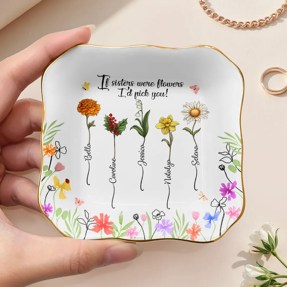Gift For Sisters,Gift For Bestie,Gift For Women,Happy - Birth Flower Sisters From The Same Garden - Personalized Lace Square Jewelry Dish