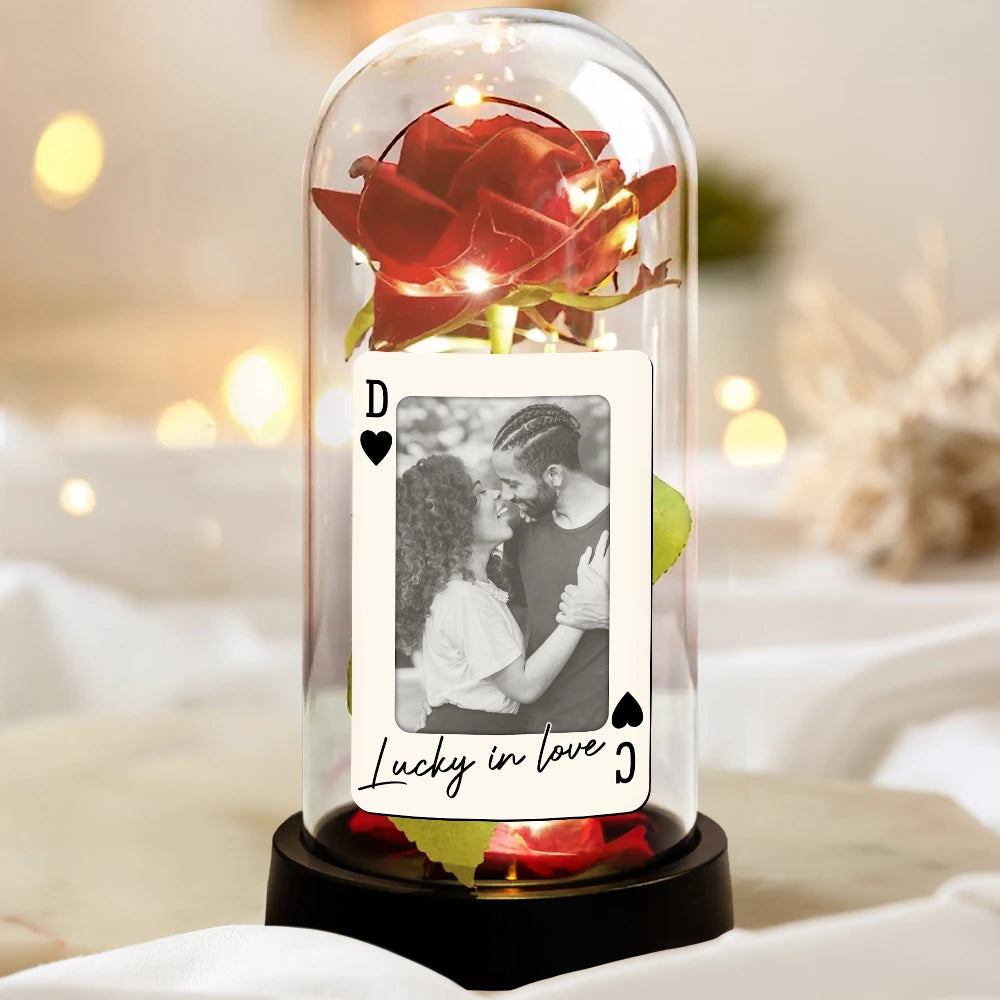 Gift For Couples,Old Couples,Gift For Husband,Gift For Wife,Gift For Boyfriend,Gift For Girlfriend,Custom Photo,Love - Custom Photo How Lucky Are We Palying Card - Personalized Everlasting Rose Dome Lamp