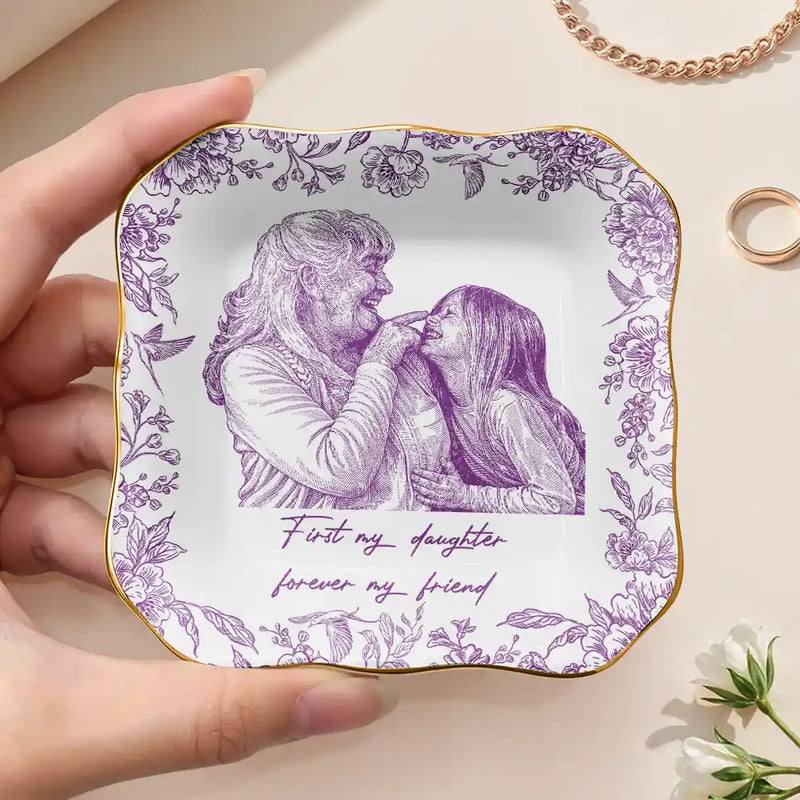Gift For Mother,Mom,Daughters (Adult),Happy - Custom Photo Pencil Sketch The Love Between Mother & Daughter - Personalized Ring Dish