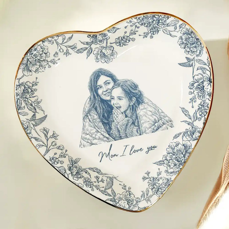 Gift For Mother,Mom,Daughters (Adult),Happy - Custom Photo Pencil Sketch The Love Between Mother & Daughter - Personalized Ring Dish