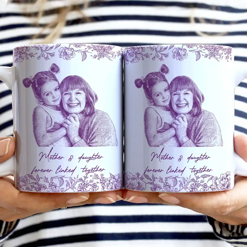 Custom Photo,Gift For Mother,Mom - Children,Happy - Custom Photo Pencil Sketch The Love Between Mother & Daughter - Personalized White Edge-to-Edge Mug