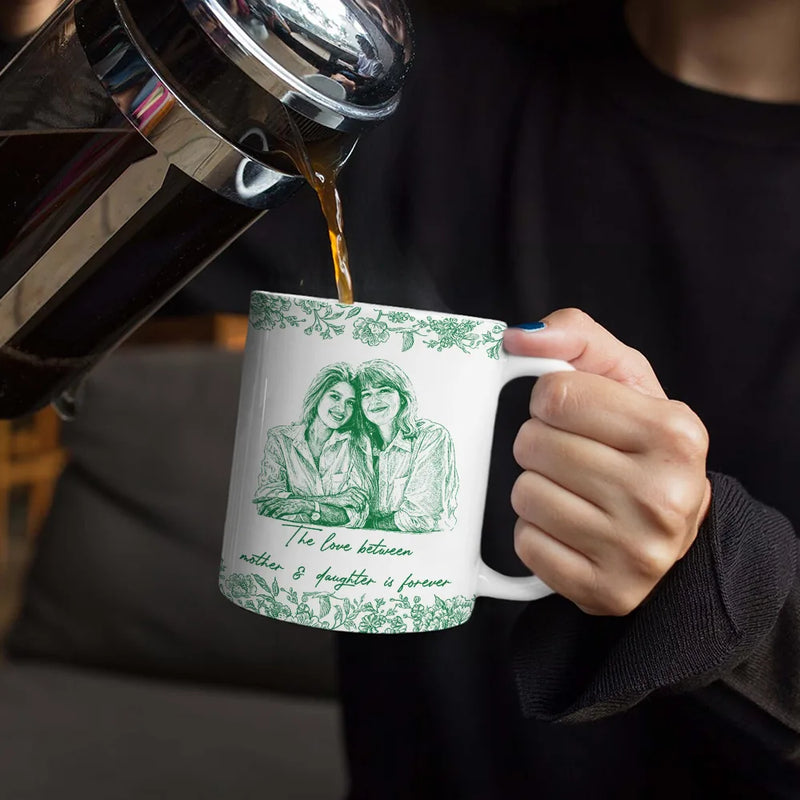 Custom Photo,Gift For Mother,Mom - Children,Happy - Custom Photo Pencil Sketch The Love Between Mother & Daughter - Personalized White Edge-to-Edge Mug
