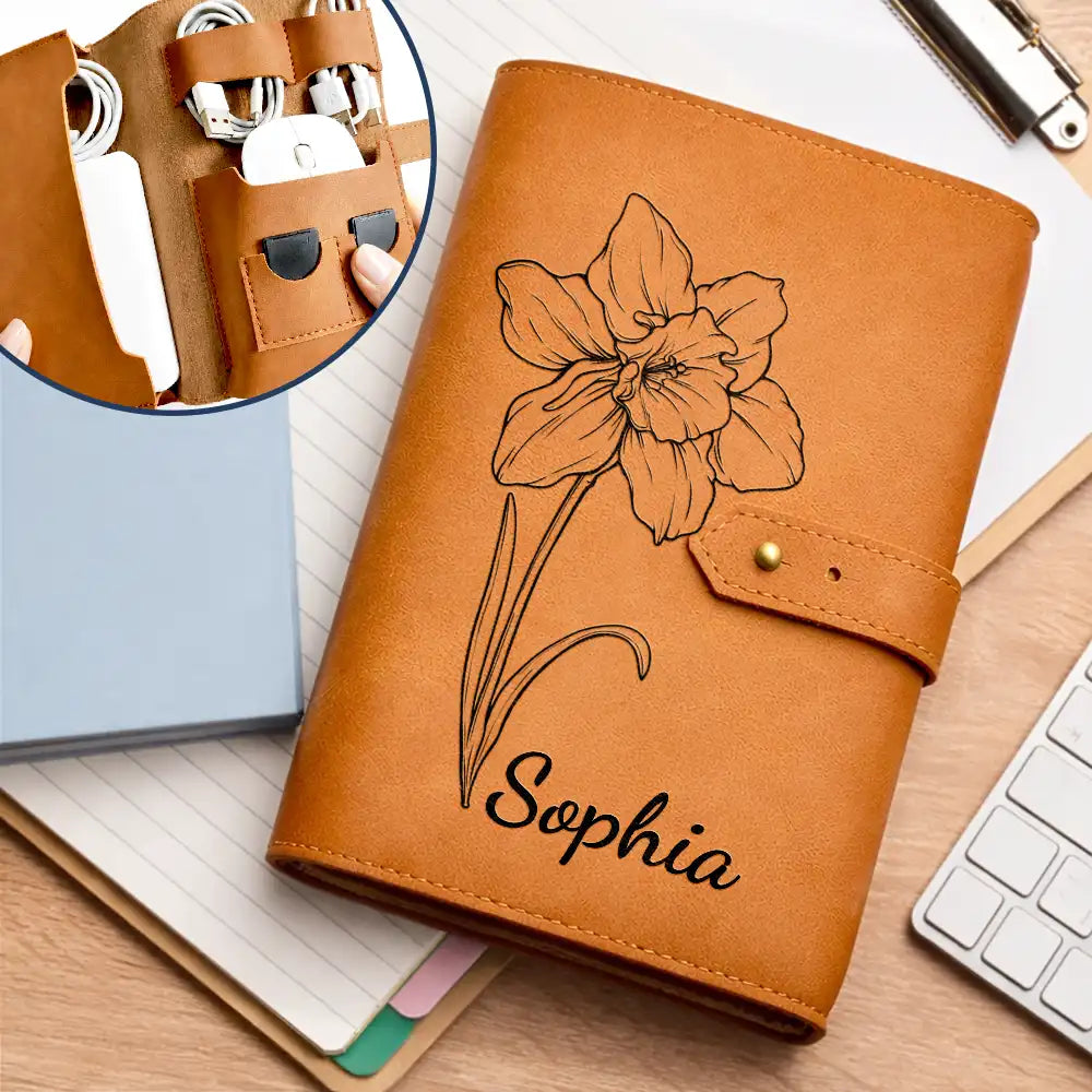 Faux Pressed Effect Birth Flower Blooming In Love - Personalized Leather Cable Bag
