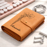 Gift For Women,Gift For Men,Happy - Faux Pressed Effect Birth Flower Blooming In Love - Personalized Leather Cable Bag