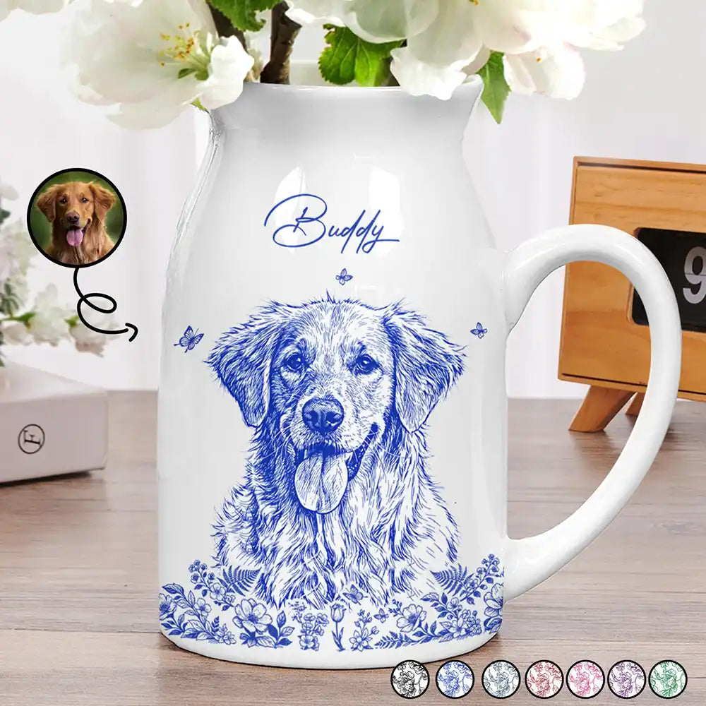 Custom Photo Pencil Sketch Art Loving Couple Family Pet - Personalized Ceramic Flower Vase