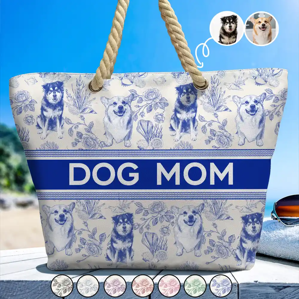 Beach,Pet Lovers,Pet Mom,Happy - Custom Photo Pencil Sketch Art Dog Mom Pet Mom Toile Pattern - Personalized Beach Bag