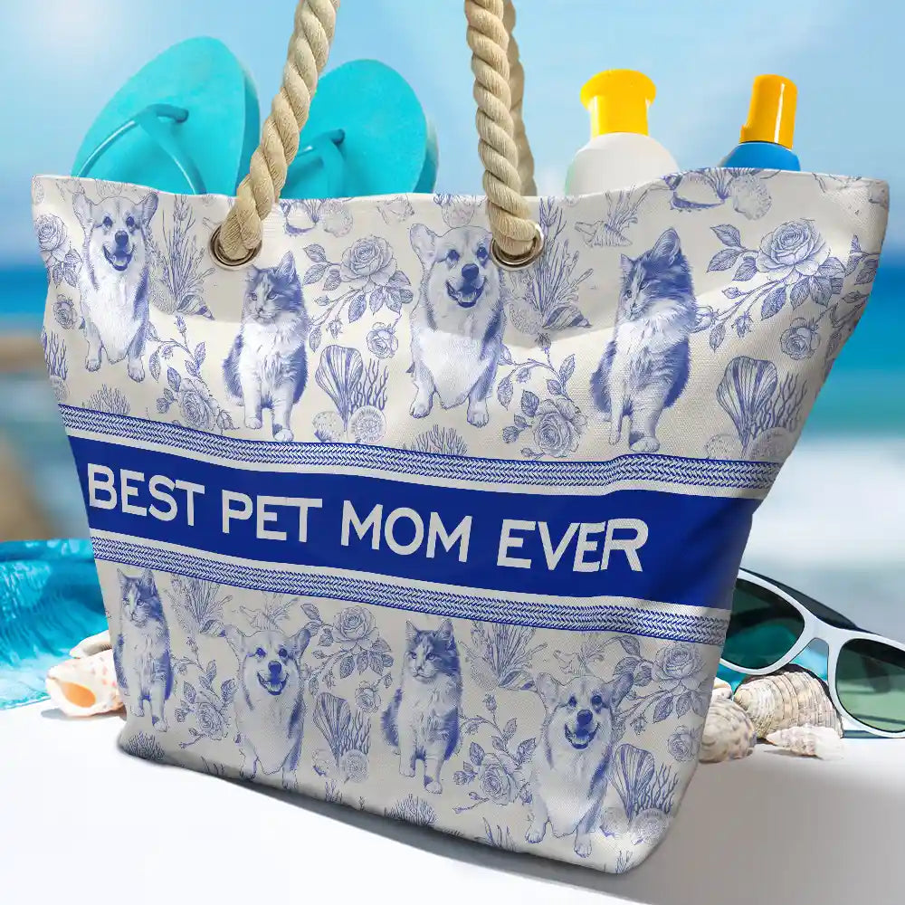 Beach,Pet Lovers,Pet Mom,Happy - Custom Photo Pencil Sketch Art Dog Mom Pet Mom Toile Pattern - Personalized Beach Bag