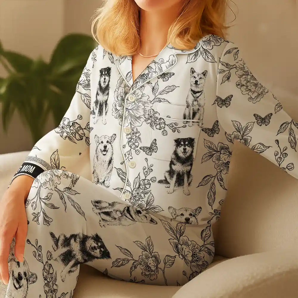 Custom Photo,Pet Lovers,Pet Mom,Happy - Custom Photo Pencil Sketch Portrait Dog Mom Pet Mom Toile Pattern - Personalized Satin Pajama Set