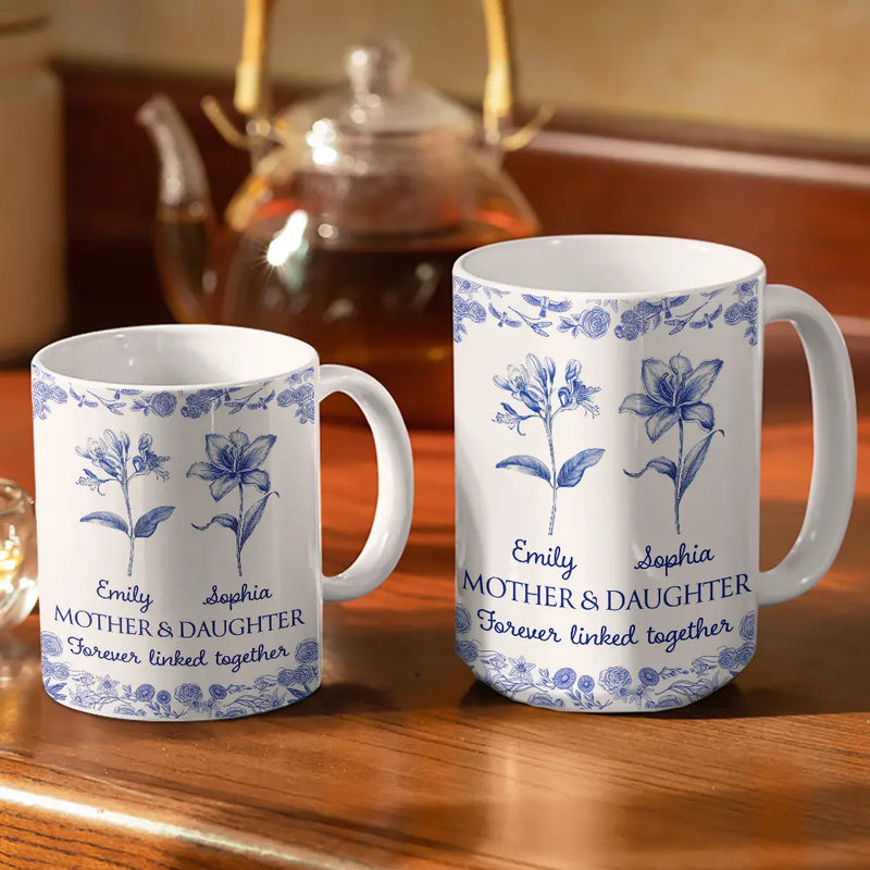 Gift For Mother,Mom - Daughters (Adult),Mom - Daughters (Young),Mom - Sons,Mom - Children,Love,Icon - Mother & Daughters Forever Linked Together Toile Birth Flower - Personalized White Edge-to-Edge Mug