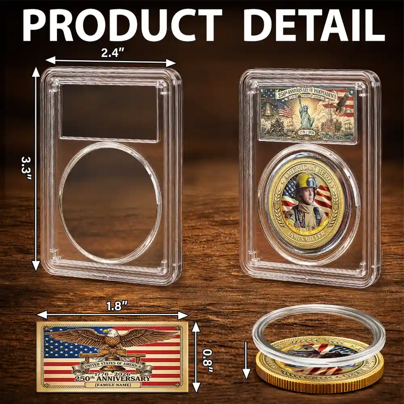 America 250th,Custom Photo,Independence Day,Family,Proud,Remove BG Photo - Custom Photo American Hero Firefighter Police Nurse EMT - Personalized Commemorative Keepsake Coin
