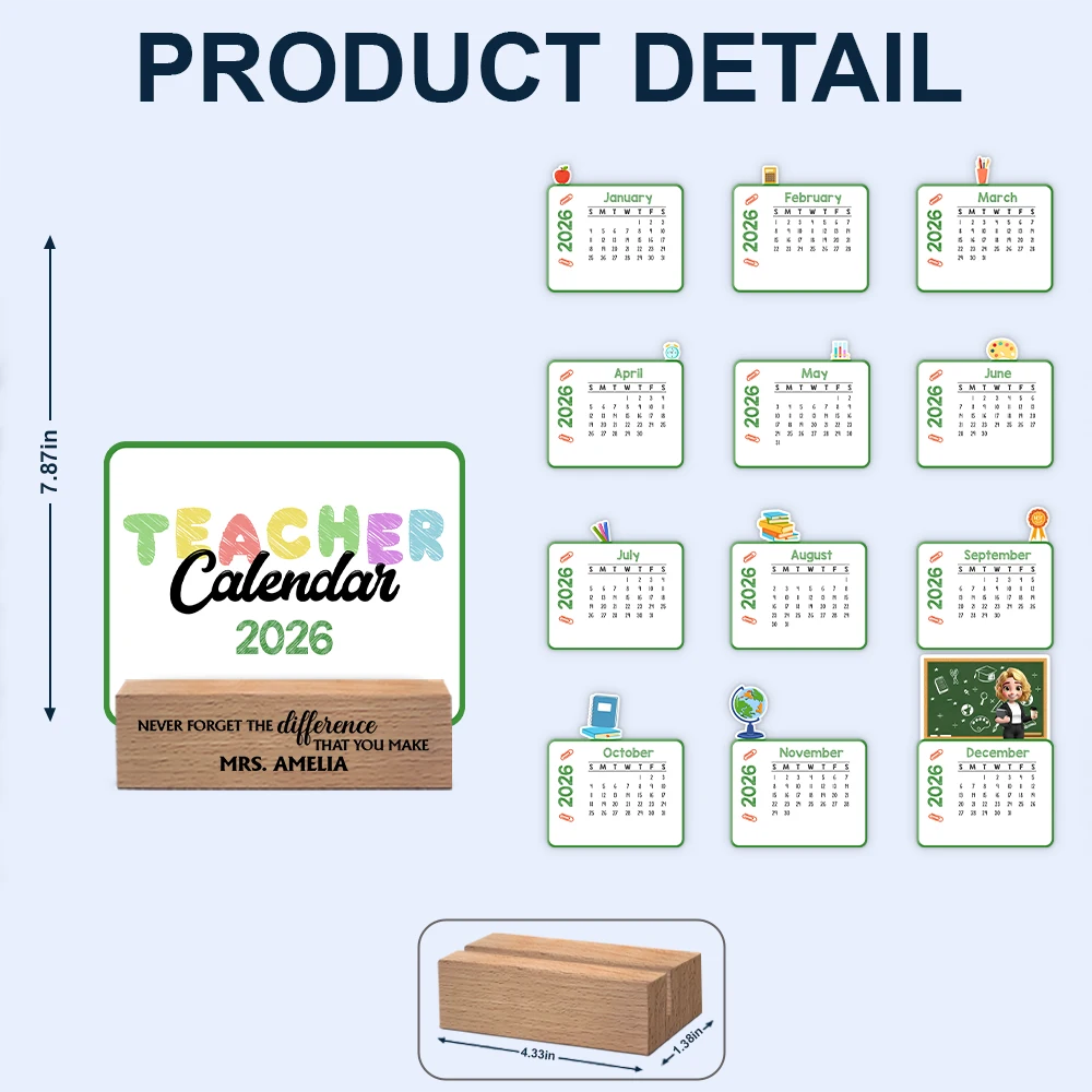 Teacher,Christmas,Happy - Never Forget The Difference That You Make - Personalized Calendar With Wooden Stand