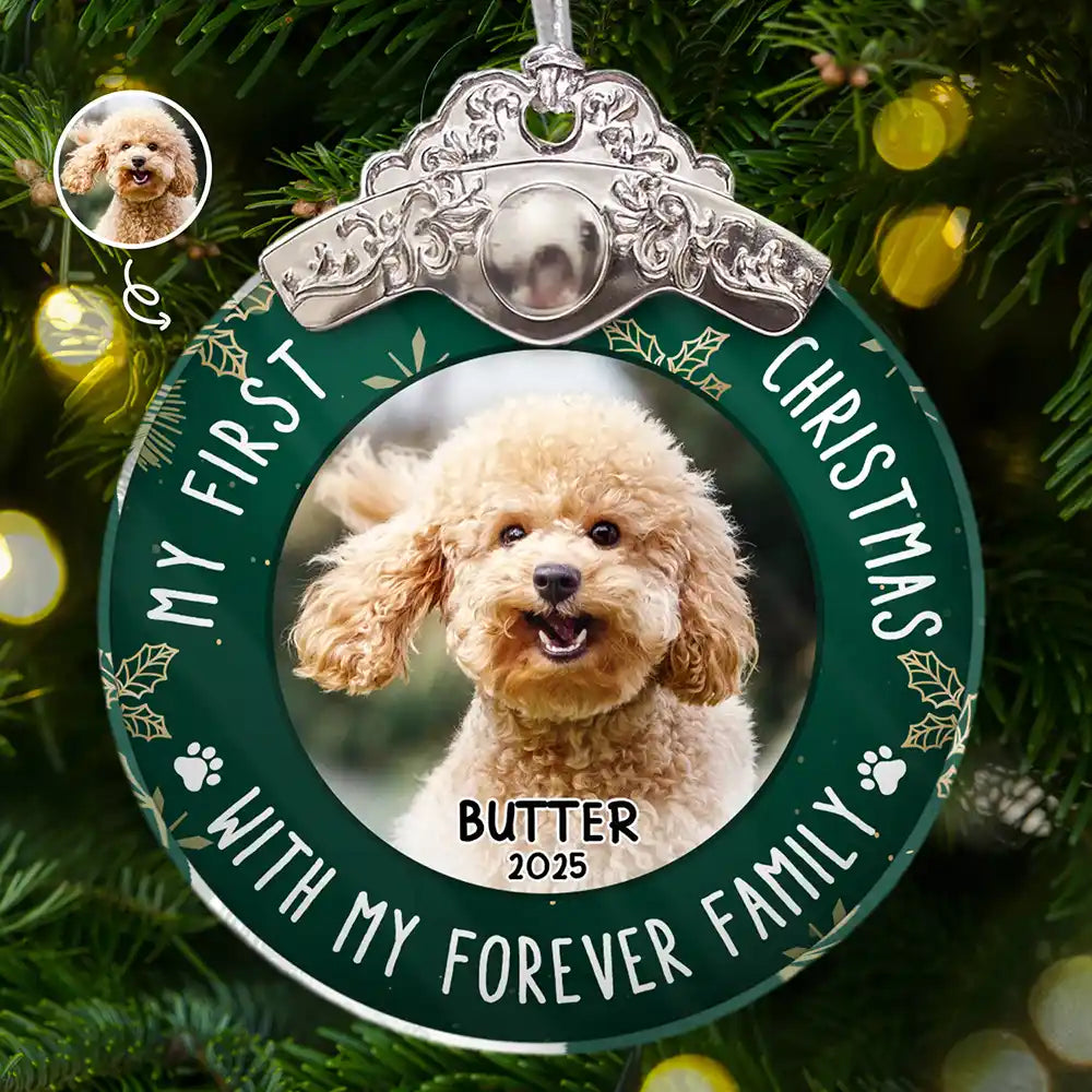 Custom Photo First Christmas Pet Lovers - Personalized Glass Ornament With Silver Cap