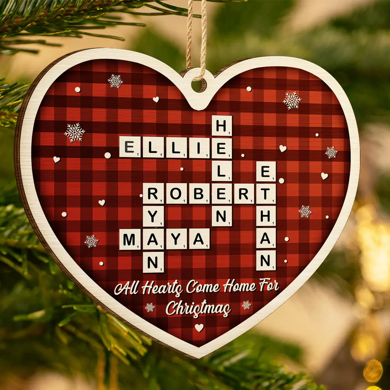 Family,Christmas,Love - Crossword All Hearts Come Home For Christmas - Personalized Custom Shaped Wooden Ornament
