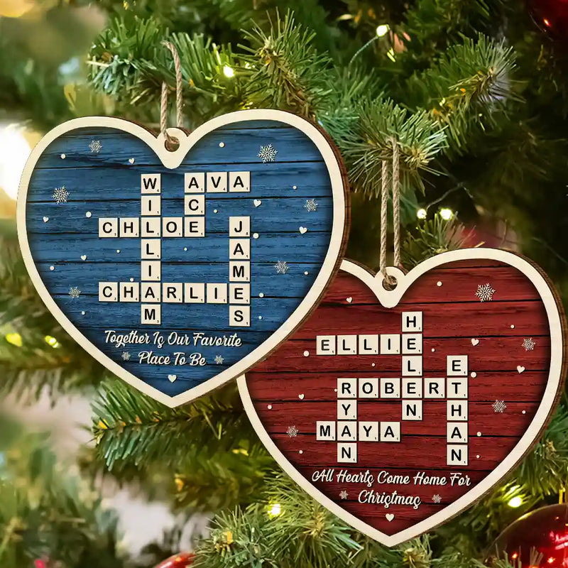Family,Christmas,Love - Crossword All Hearts Come Home For Christmas - Personalized Custom Shaped Wooden Ornament