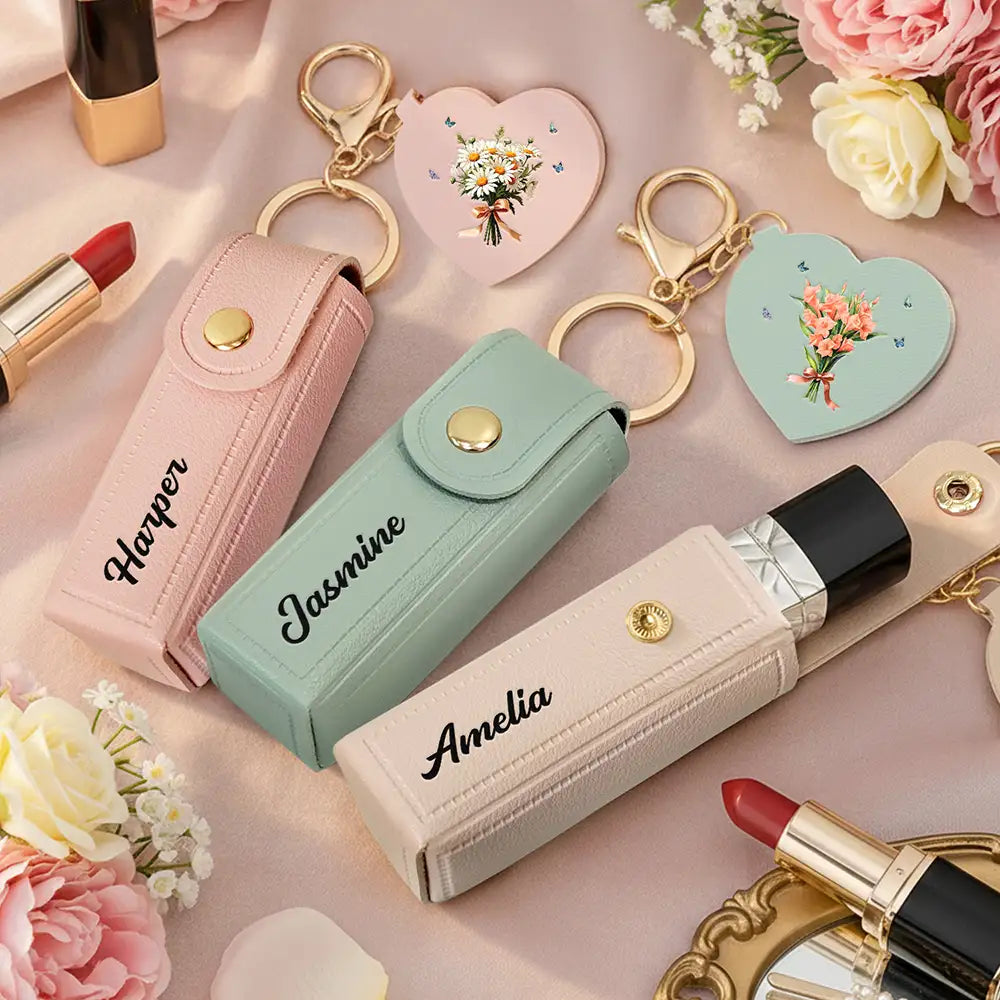 Gift For Women,Gift For Wife,Gift For Girlfriend,Love - Birth Month Flower Bouquet With Name - Personalized Leather Lipstick Case Keychain With Mirror