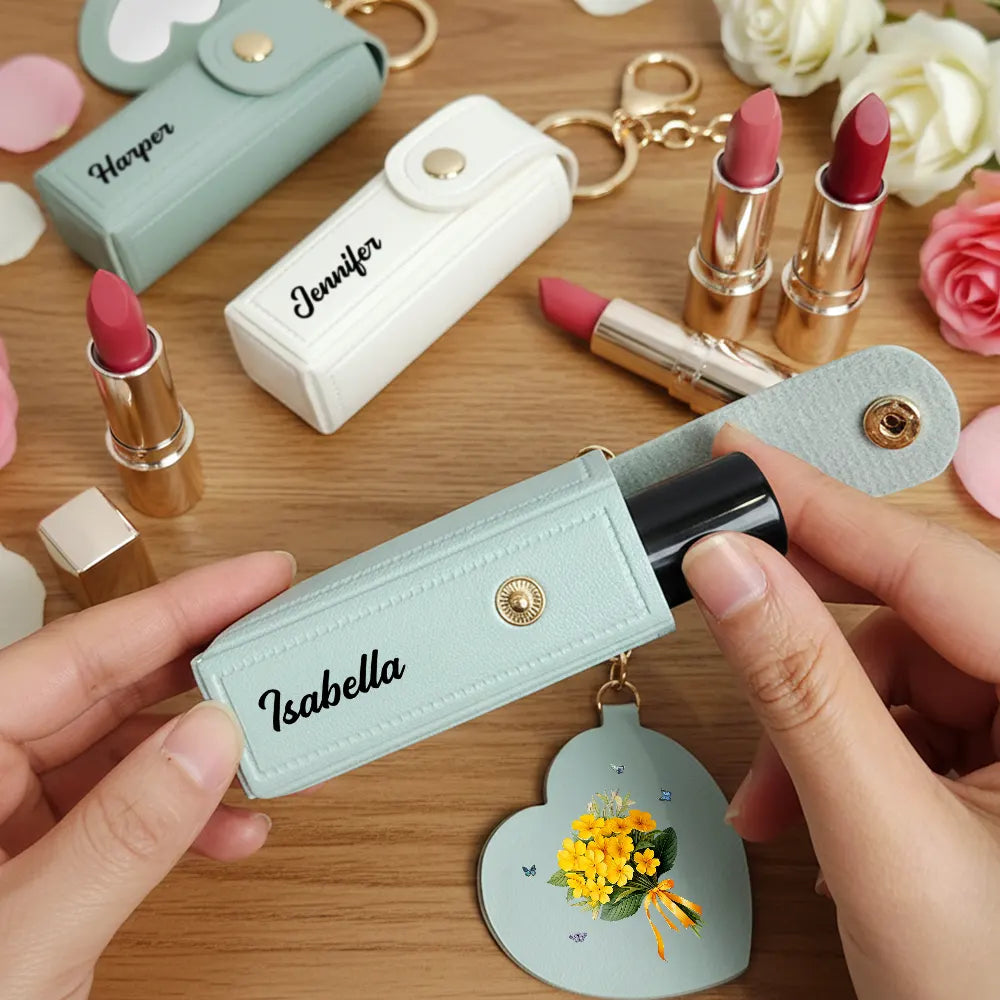 Gift For Women,Gift For Wife,Gift For Girlfriend,Love - Birth Month Flower Bouquet With Name - Personalized Leather Lipstick Case Keychain With Mirror