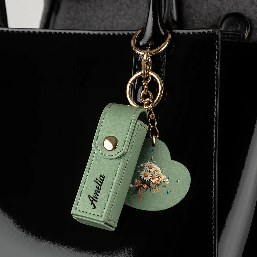 Gift For Women,Gift For Wife,Gift For Girlfriend,Love - Birth Month Flower Bouquet With Name - Personalized Leather Lipstick Case Keychain With Mirror