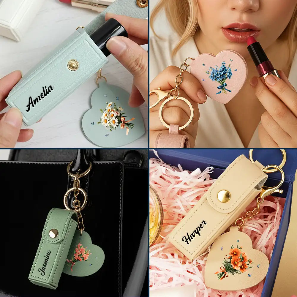 Gift For Women,Gift For Wife,Gift For Girlfriend,Love - Birth Month Flower Bouquet With Name - Personalized Leather Lipstick Case Keychain With Mirror