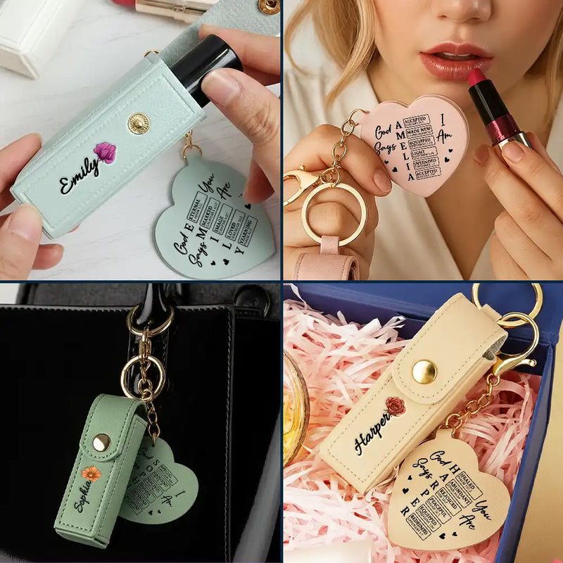 Gift For Women,Gift For Wife,Gift For Girlfriend,Love,Christian - God Says You Are Birth Month Flower - Personalized Leather Lipstick Case Keychain With Mirror